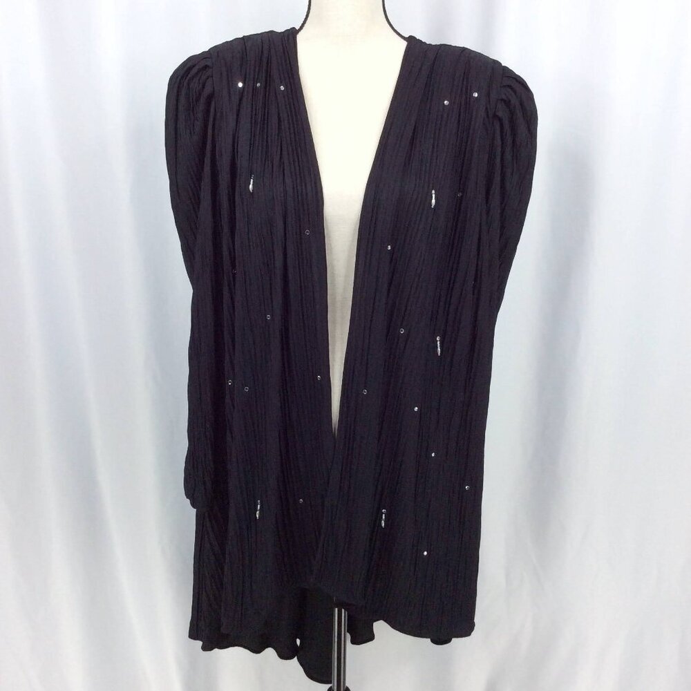 David Rose Vintage Black Sequin Crinkle Duster Jacket Open Front Pleated‎ L/XL